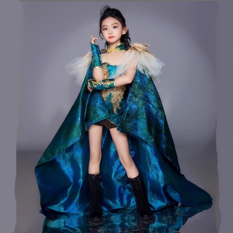 中国风披风孔雀绿蓝7女童走秀服装国潮新中式儿童T台模特赛服夸张