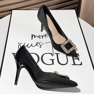 浅蓝色绸缎面礼服旗袍小个子高跟鞋女尖头细跟不累脚2024年新款秋