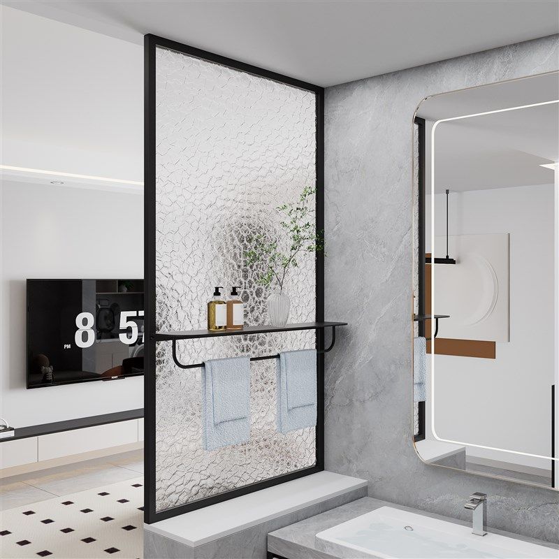 现代简约卫生间半墙玻璃隔断铁艺置物架洗漱台客厅屏风隔断定制