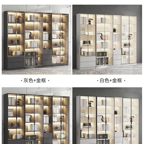 书柜WXH厅带玻璃门展示酒柜轻书奢定制实家用客一体整墙到顶架木