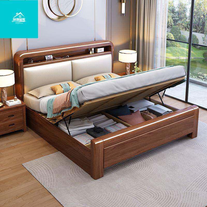 轻奢简约金1丝檀木全实木可.8米1电.2米充可储物软靠主LDK卧双人