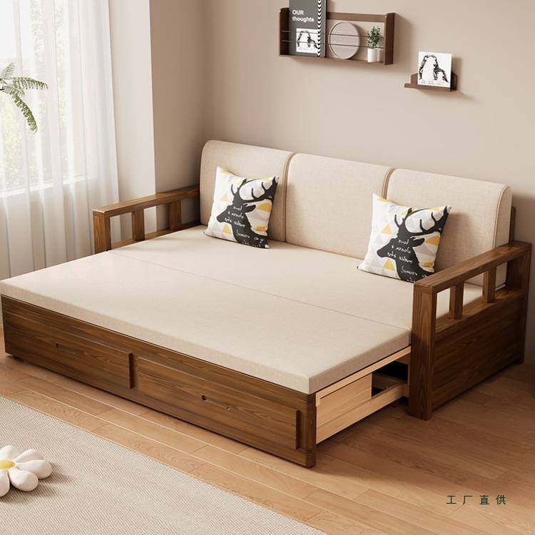 实木沙发床可折叠推拉两用中式罗汉床伸缩小户型客厅储物原木沙发