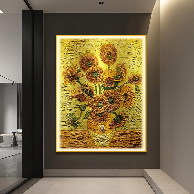高向日葵饰油画金色向日手绘发光灯现画玄关装画欧梵式轻奢代客厅