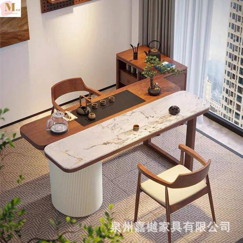 茶新中式实QJM木阳台桌椅组合岩板用小户型台功茶夫泡茶桌原木家