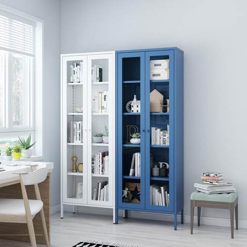 01玻璃书柜带柜门示柜可调节展层收多纳储存柜物靠墙置架钢制铁艺