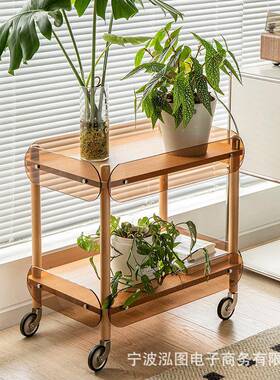 实餐木小户推车可移动家用小型客厅玻璃茶几NSQ沙发车边几置物架