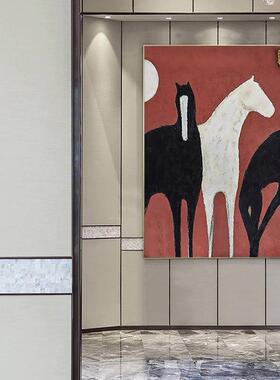 纯绘油画动物手马现代客大厅玄关挂画样酒店板房尺寸ENQ轻奢装饰