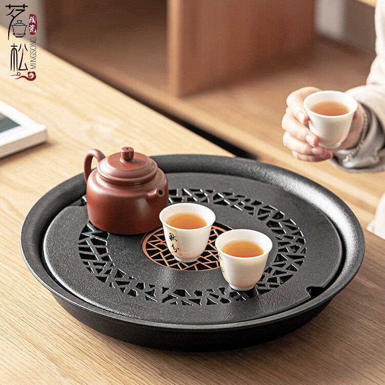 大号茶盘陶瓷干泡盘圆形小茶台储水茶具配件全瓷家用茶海壶承托盘