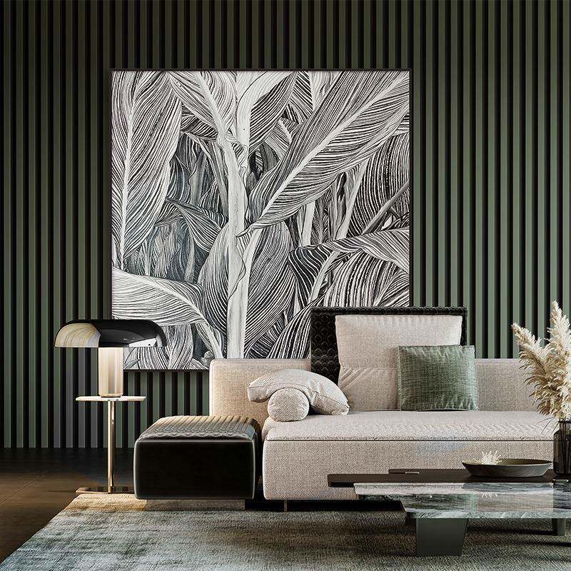 现代简板约装植物树叶饰画抽象黑白线客厅挂条画餐厅样间艺植物写