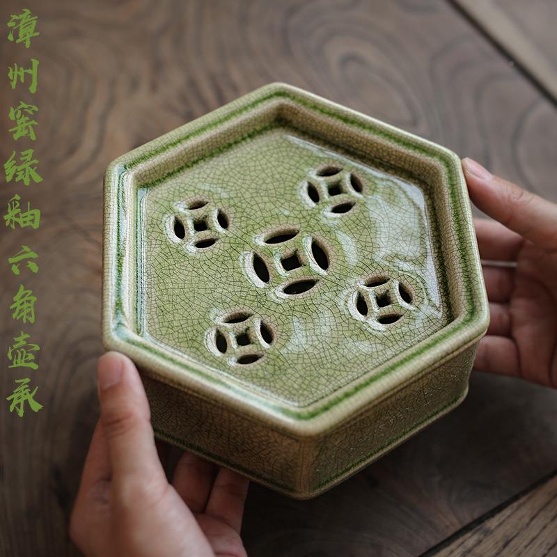 泡漳州窑绿承釉茶盘六角壶单丛茶小茶盘开片干台壶潮1汕工夫茶具