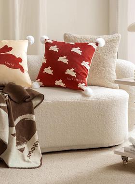 HOUH兔喜新年红色抱枕高头端沙发客厅喜庆腰枕O结B01N0059婚床靠