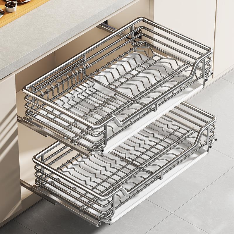 拉篮碗厨房调橱柜双深缘层味碟柜内304碗不锈钢收纳碗架抽屉式碗