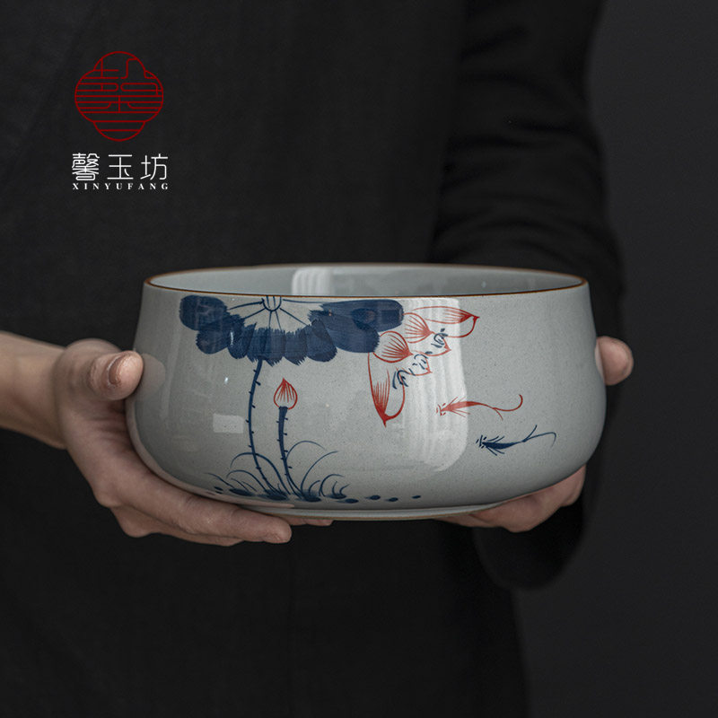 馨玉坊釉下彩手绘荷花陶瓷茶洗功夫茶具家用大号茶杯洗笔洗茶渣缸