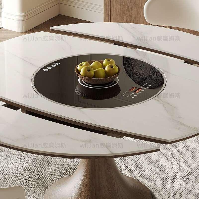 法式中古风伸缩岩板餐桌大小户型内嵌电磁炉暖菜板实木方变圆餐桌