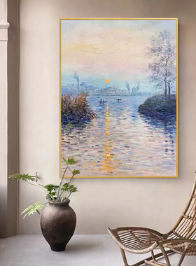 莫奈日出进户门正对玄关画风景客厅沙发背景墙挂画高档油画装饰画