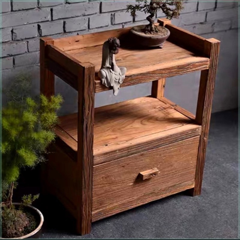 茶桌柜边柜老榆木茶桌移动原木沙发边几实木茶水柜阳台桌家用简约