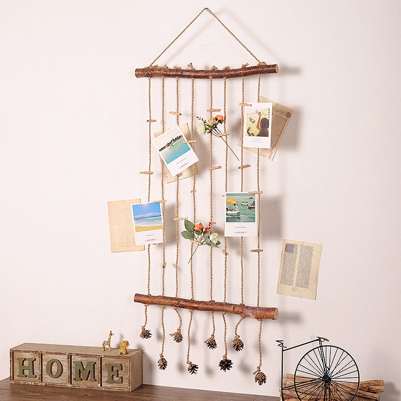 照片墙原木手工麻绳装饰幼儿园班级宿舍挂绳相片夹展示墙挂件壁饰