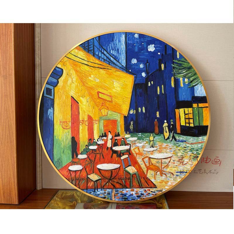 手绘圆形油画梵高咖啡馆罗纳河畔的星夜星空柏树厚颜料艺术餐厅画