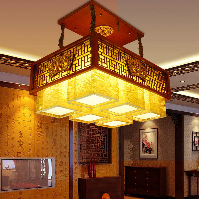 中式古典木艺客厅长吊灯创意仿古餐厅方形灯具茶楼酒店复古羊皮灯