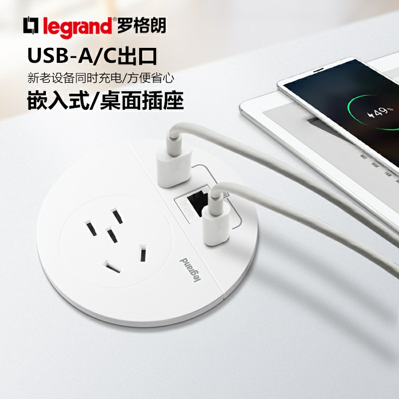 罗格朗桌面插座面板圆形嵌入式五孔带usb充电千兆网口接线板办公