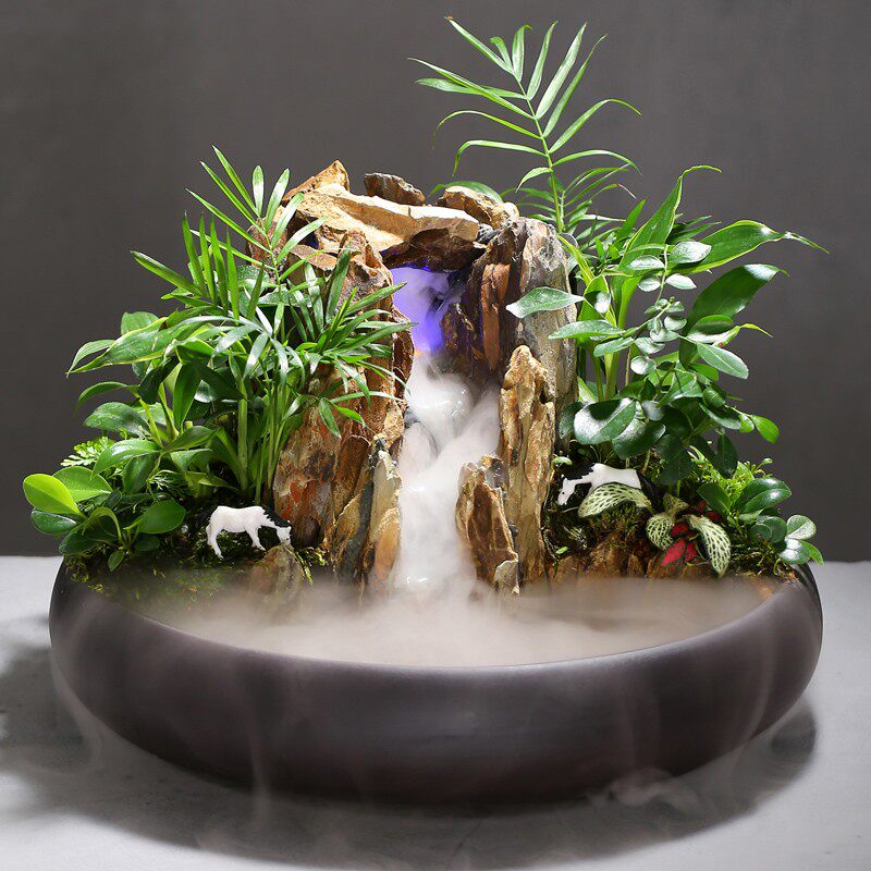 假山流水喷泉小盆景微景观室内客厅办公室喷雾加湿器真石头水景缸