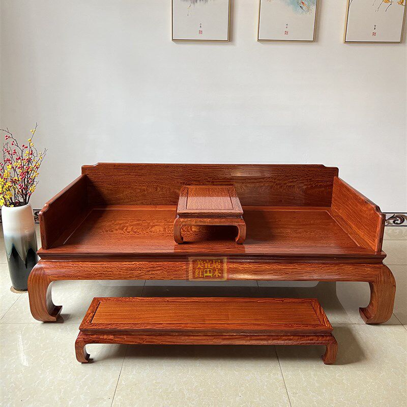 缅甸花梨中式红木罗汉床 大果紫檀独板满水波罗汉床 实用收藏
