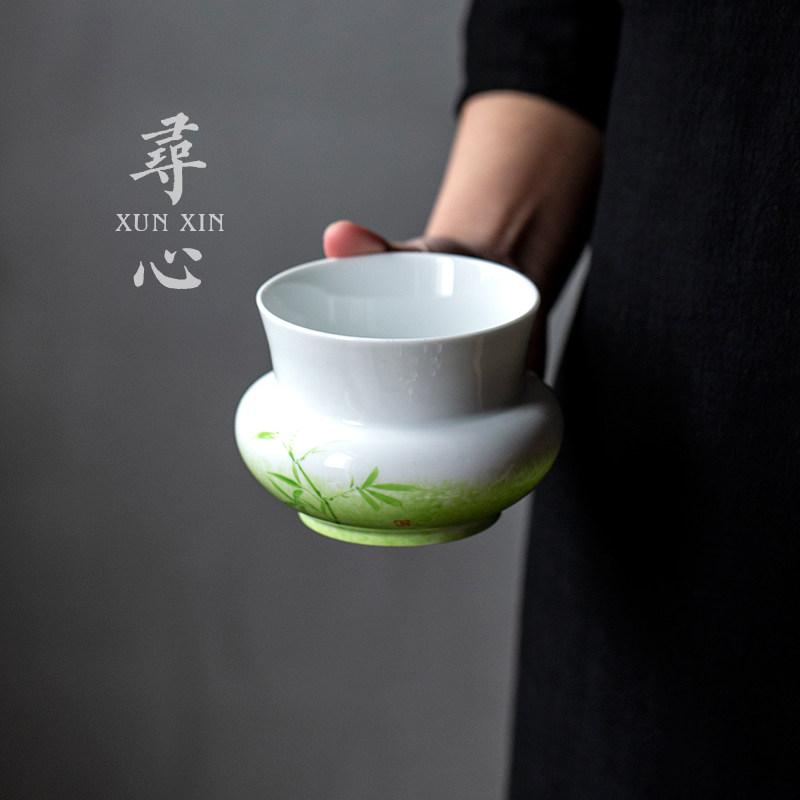 寻心纯手绘洒绿翠竹陶瓷建水茶渣缸茶洗水孟小号功夫茶具葵口杯洗