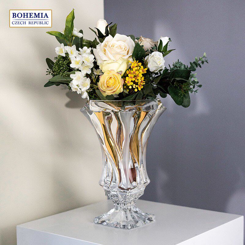 BOHEMIA捷克进口水晶玻璃花瓶 竹子高脚花瓶手工描金块客厅摆件