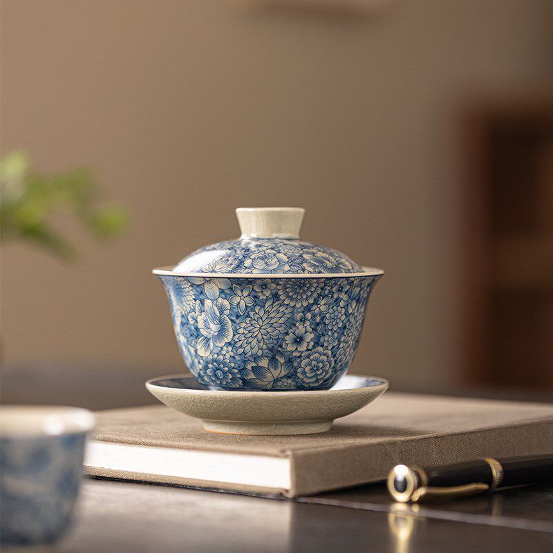 汝窑茶具青花瓷盖碗茶杯家用复古陶瓷茶碗防烫手泡茶繁花三才盖碗