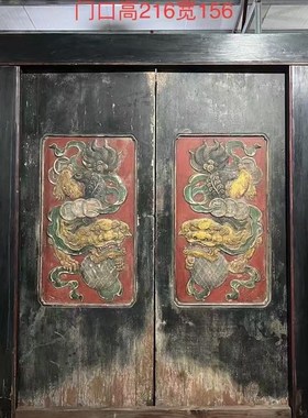 木雕门板一对大漆彩绘大门一对高浮雕门神大将老木门复古怀旧展览