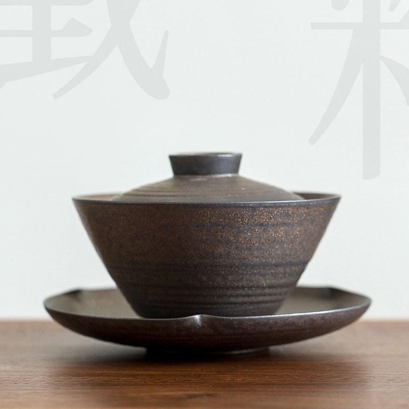 三才盖碗三件套泡茶茶碗单个高档大容量复古柴烧鎏金铁锈釉茶具