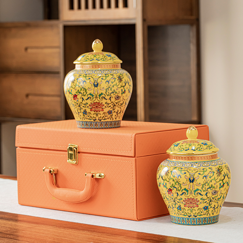 精美珐琅彩茶叶罐高档茶叶包装皮质礼盒空盒高端通用红茶绿茶普洱