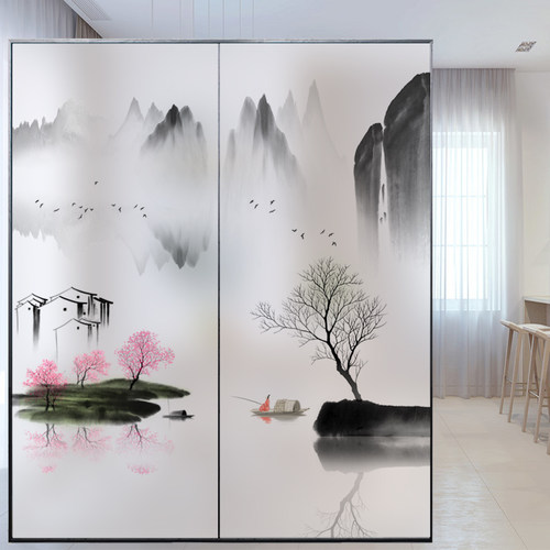 玻璃贴纸无胶防走光中式意境山水画移门浴室窗户不透明纸静电贴膜