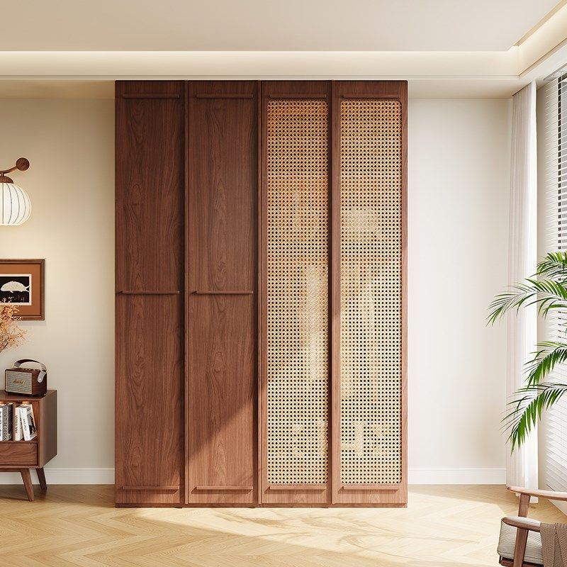 中古分段式实木藤编衣柜一门到顶免拉手现代简约衣柜欧松板大衣橱