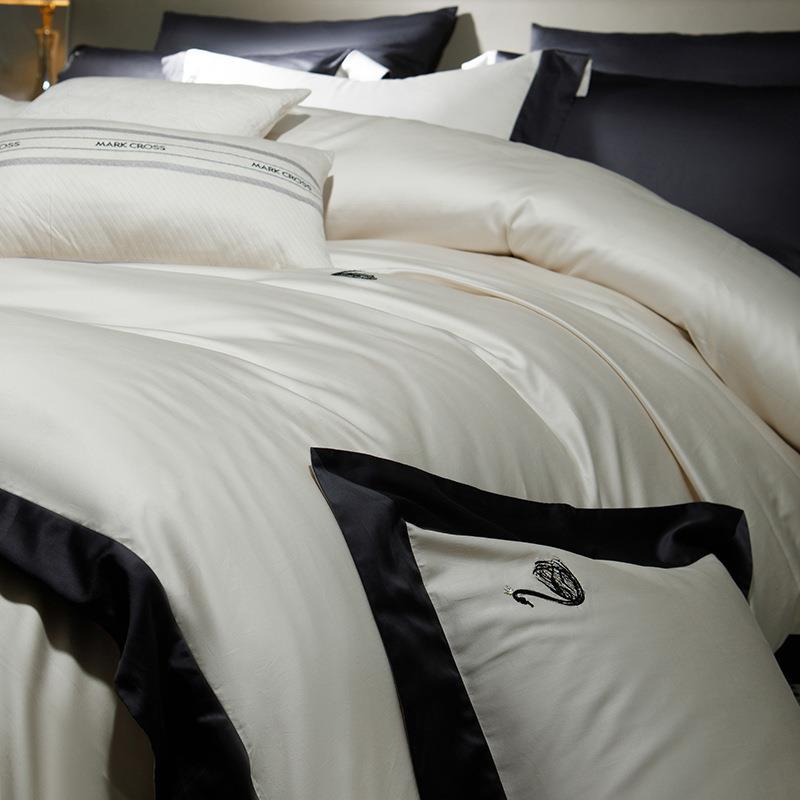 轻奢新款刺绣匹马棉纯棉四件套简约拼色全棉被套床单笠床上用品4