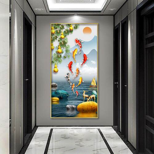 玄关九鱼图装饰画现代简约入户客厅正对门壁画新中式招财竖版挂画