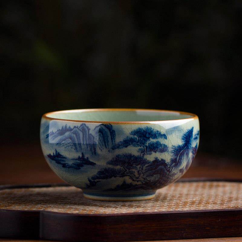 青花手绘山水主人杯景德镇陶瓷全手工茶杯单杯大号中国风柴烧茶具