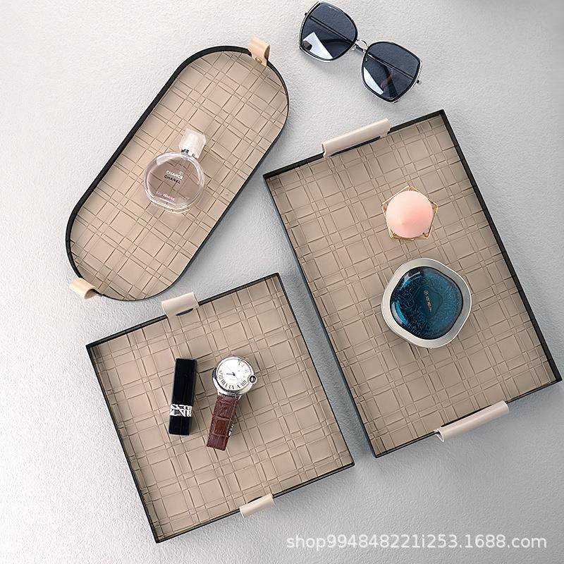 编织纹长方形托盘置物玄关铁艺香熏装饰品整理盘桌面首饰收纳托盘