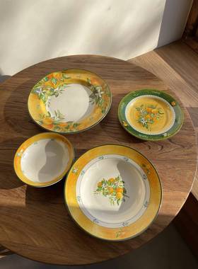 橙色复古餐盘牛排盘油画风深菜盘谷物碗下午茶双层蛋糕盘