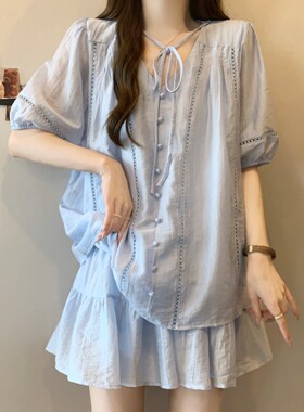微胖mm显瘦遮肉套装女夏装大码高级感时尚雪纺上衣半身裙子两件套
