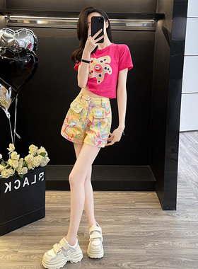 多巴胺休闲运动套装女夏季炸街减龄时尚短袖T花色牛仔短裤两件套