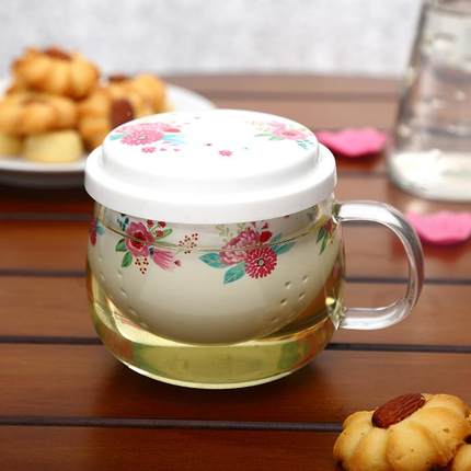 爱屋格林杯茶花茶杯瓷玻璃带盖茶水分离陶泡杯创意家用办公室3GIT