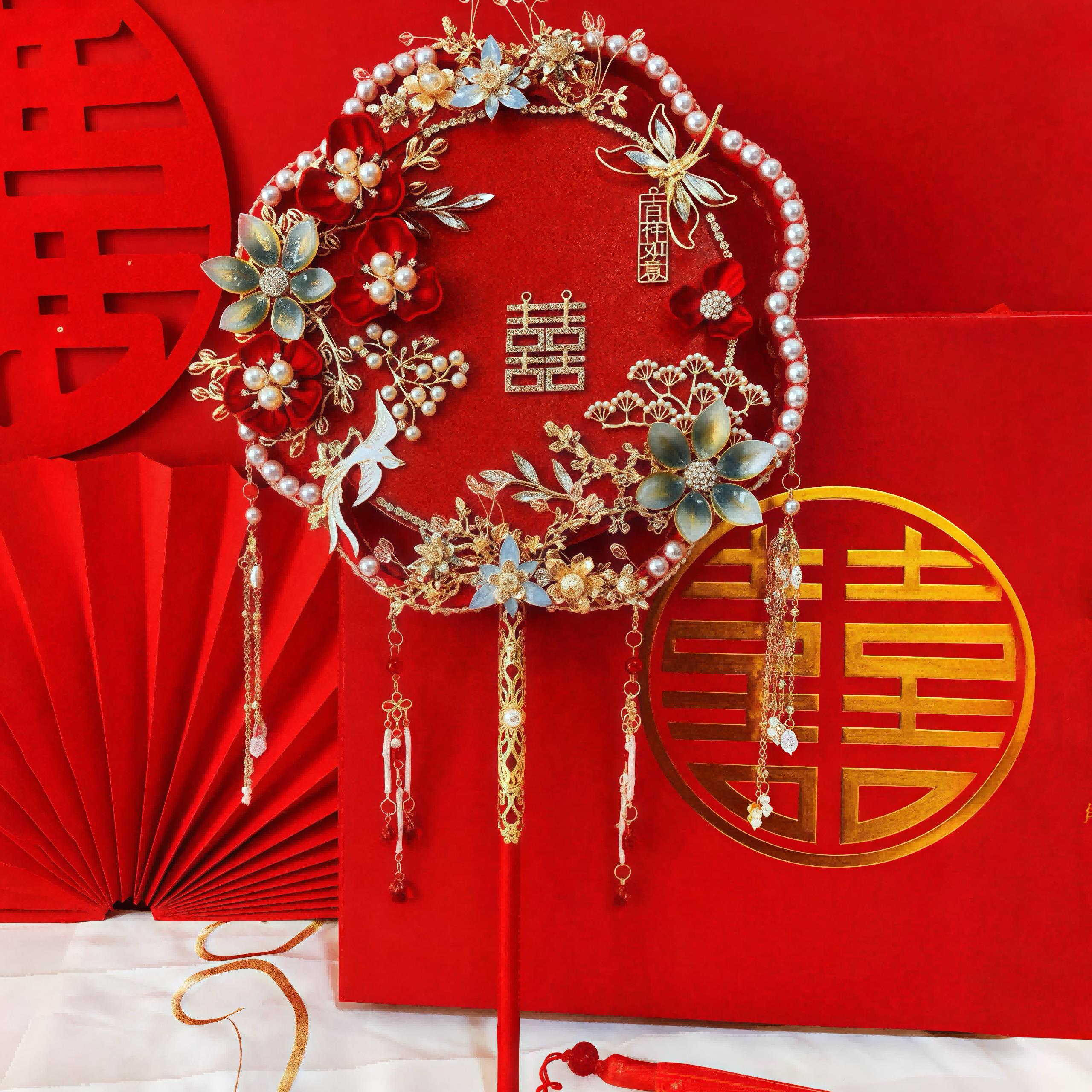 娘结婚团扇秀VSX禾服高级新红色双面成品diy包喜扇料重工结婚扇材