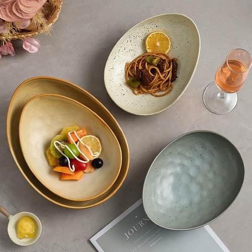 日式椭款圆深盘陶瓷沙拉盘2502新盘子家用复古菜盘子EXZ创异形意