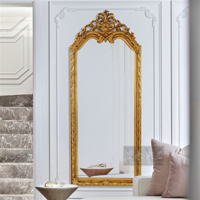 85x208欧式金色奢华挂墙落地穿衣镜试衣镜子顶部雕花衣帽间全身镜