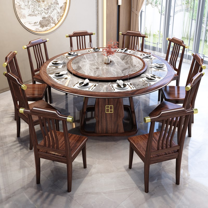 乌金木实木内嵌岩板圆餐桌家用带转盘10人人酒店高端实木大圆桌