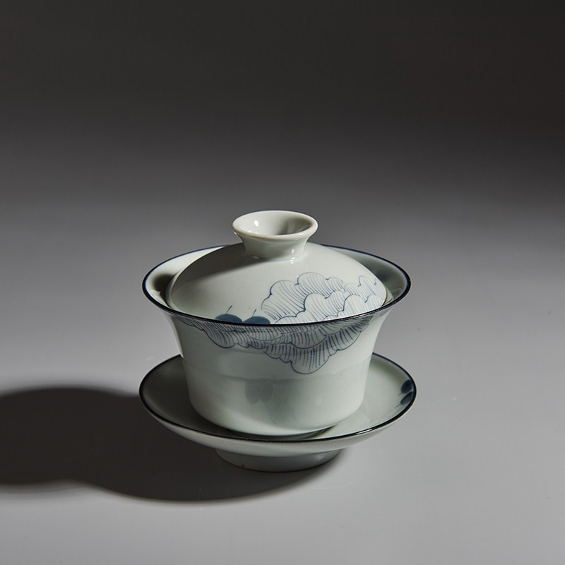 手绘芙蓉陶瓷盖碗仿古青花泡茶杯子手工三才盖碗喝茶碗敬茶杯茶具