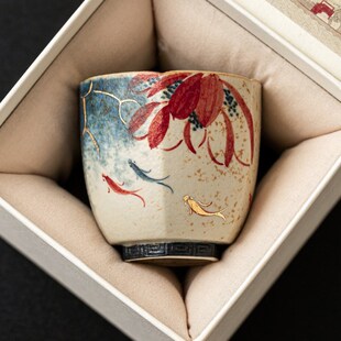 极素青花火石红高档主人杯描金手绘荷韵锦鲤六方杯陶瓷茶杯品茗杯