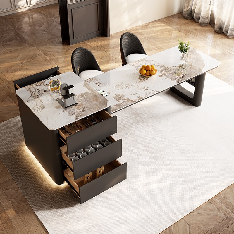 意式极简岩板岛台餐桌一体可伸缩高端黑色餐厅定制小户型中倒台