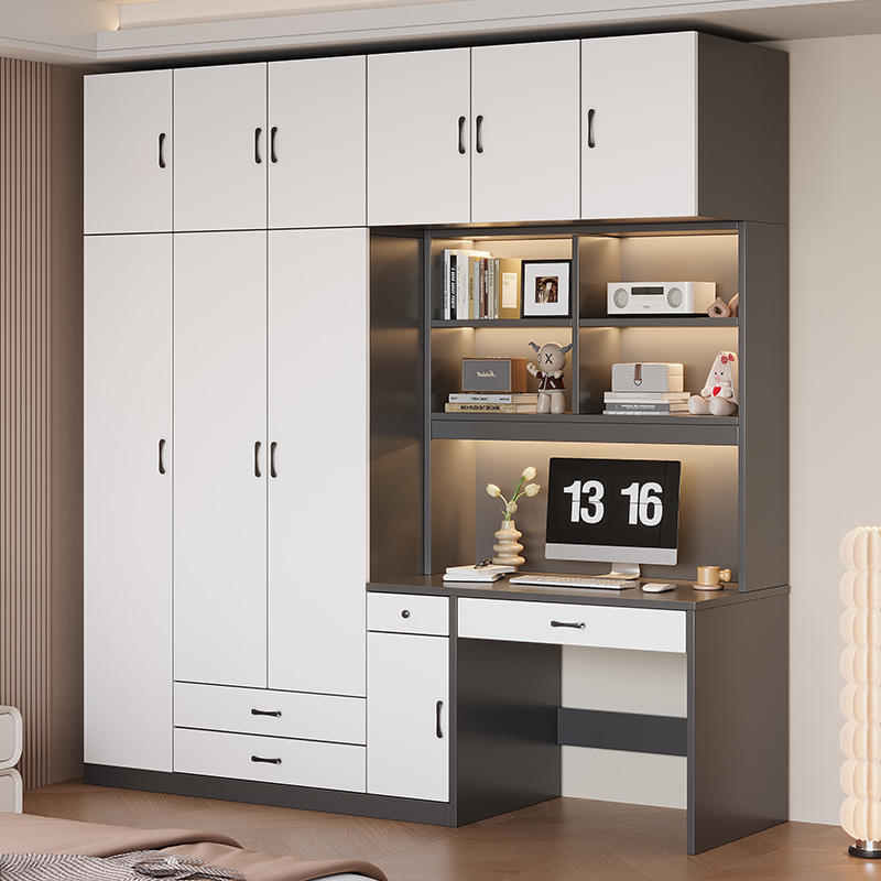 书桌带衣柜一体儿童房电脑桌书柜家用卧室带书架实木学习桌